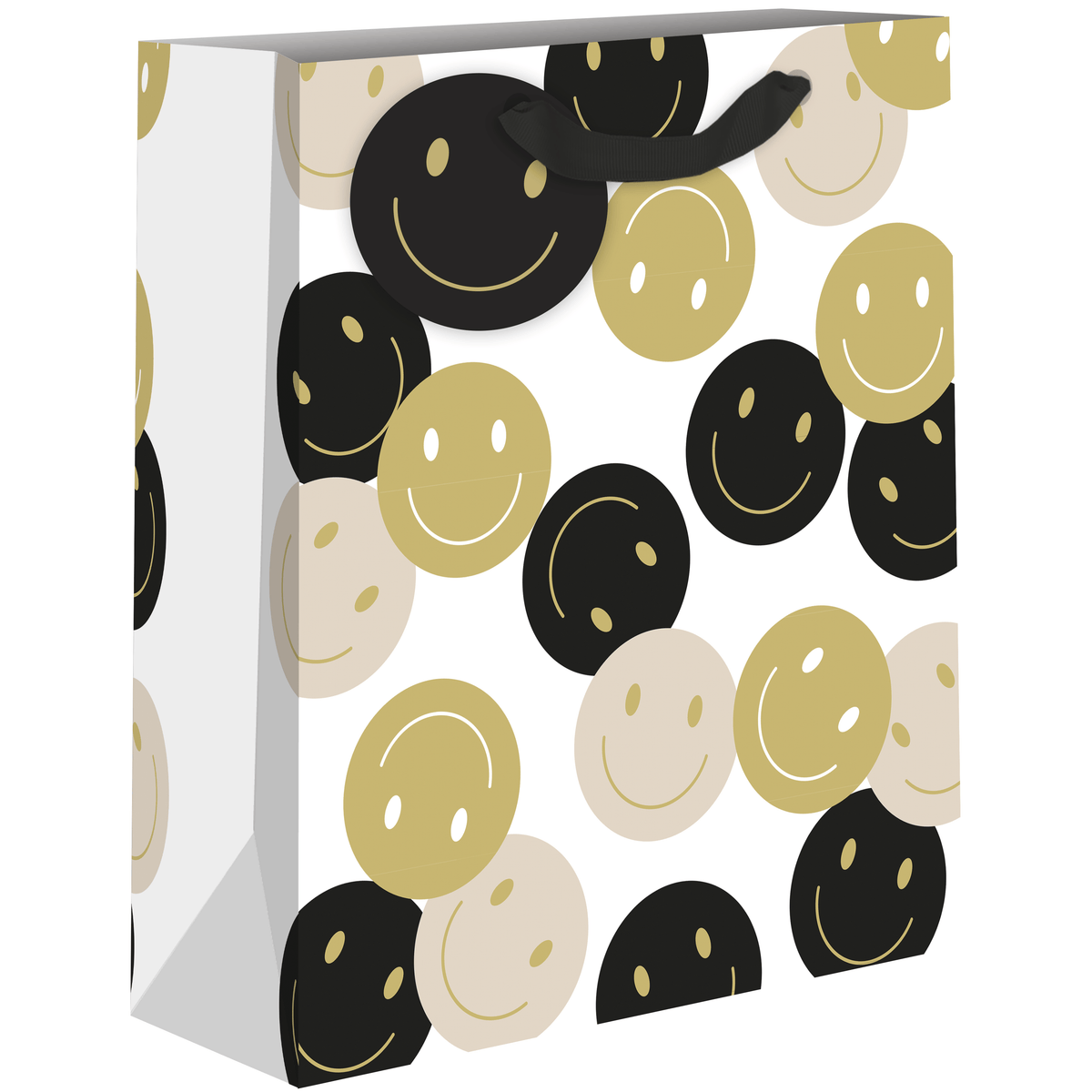 Medium AB PICTURA Smiley Gold gift bag with gold smiley face design and handles, perfect for gift presentation.
