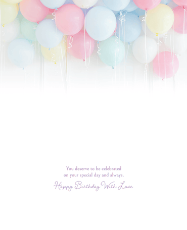 Pictura pastel balloons birthday card for mother with colorful balloon illustrations and celebratory design.