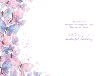Pictura butterfly and heart birthday card for wife with colorful floral design and heartfelt message.
