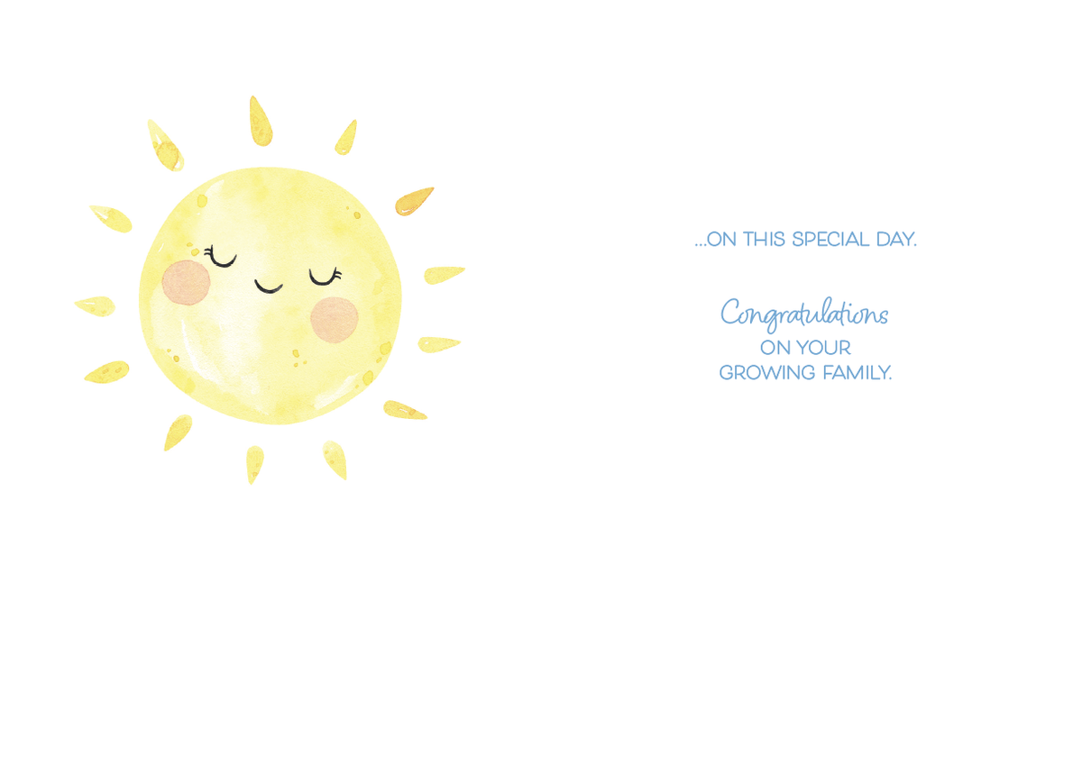 Smiling Sun Baby Shower Card from Pictura featuring a cheerful sun illustration, perfect for celebrating a new arrival.