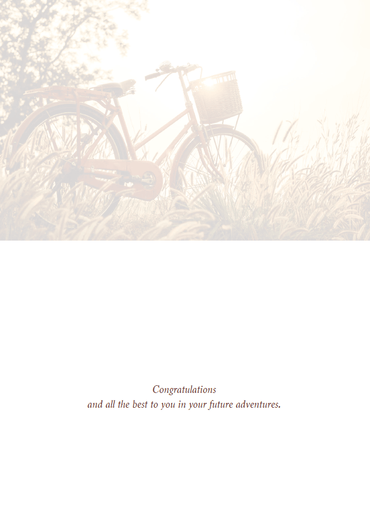 Pictura Sunset Bicycle Good Luck card featuring a vibrant sunset and bicycle illustration, perfect for good-bye or farewell messages.