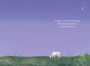 Pictura Night Unicorn birthday card featuring a whimsical unicorn design on an elegant background, perfect for celebrating special occasions.