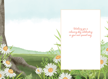 Pictura hammock birthday card featuring a colorful illustration of a hammock tied between trees, perfect for celebrating special occasions.