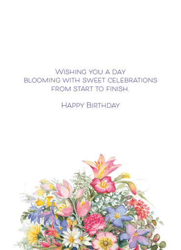 Colorful Bursting Bouquet birthday card by Pictura featuring vibrant floral design and cheerful artwork on the front.