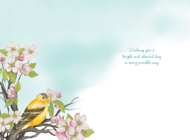 Goldfinch birthday card from Pictura featuring a detailed illustration of a goldfinch bird on a decorative background.