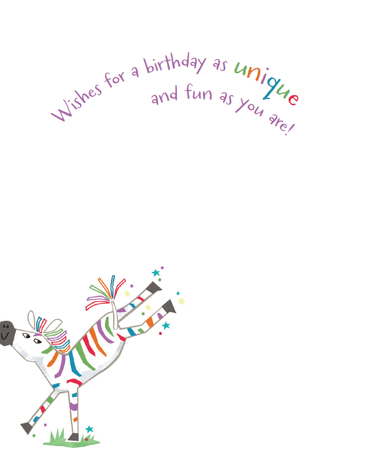 Unique zebra birthday card from Pictura featuring a colorful, illustrated zebra design on a festive greeting card.
