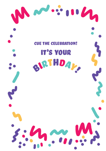 Pictura Cue The Confetti birthday card featuring colorful confetti and festive design, perfect for celebrating special occasions.