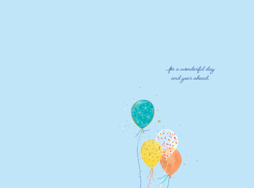 Colorful Flying Balloons birthday card by Pictura featuring vibrant balloon illustrations on a cheerful greeting card.