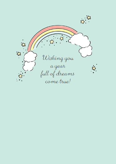 Colorful rainbow balloon birthday card from Pictura featuring vibrant illustrations, perfect for celebrating special occasions.