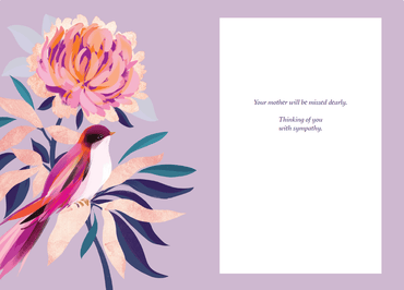 Pictura Bird on Flower sympathy card featuring a delicate illustration of a bird perched on a blooming flower.