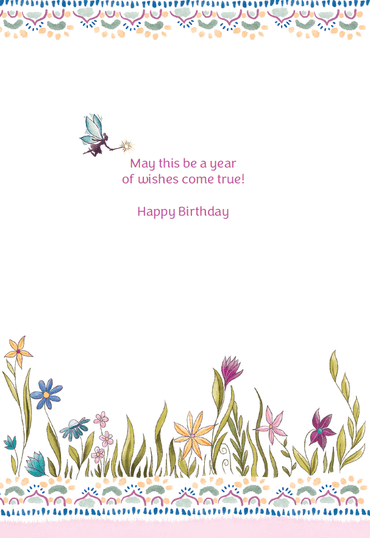 Colorful fairy cake birthday card by Pictura featuring whimsical fairy and cake illustrations, perfect for celebrating birthdays.