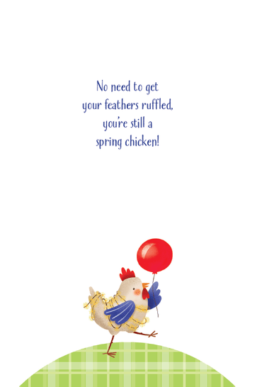 Spring Chicken Birthday Card by Pictura featuring a cheerful illustration of a spring-themed chicken for birthdays.