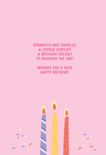 Decorated birthday cake and colorful balloons on Pictura birthday card for special occasions, featuring cheerful holiday-themed illustrations.