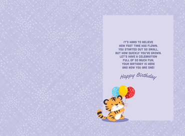 Pictura 1st Tiger Birthday Card featuring a cute tiger design for a child's birthday celebration.