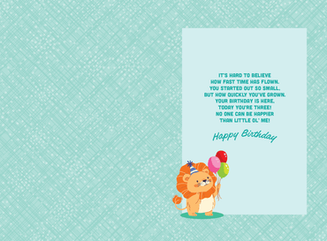 Pictura 3rd Lion birthday card featuring a colorful cartoon lion illustration on a cheerful greeting card.