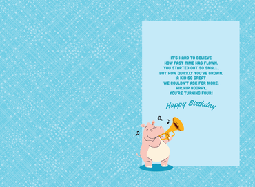 Colorful 4th Hippo birthday card from Pictura featuring a cute hippo illustration, perfect for celebrating a child's birthday.