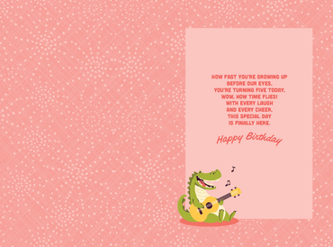 Pictura 5th Crocodile birthday card featuring a colorful crocodile illustration on an everyday greeting card.