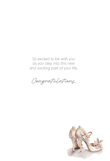 Pictura bridal shoes wedding shower themed greeting card featuring elegant shoe illustration and floral accents.