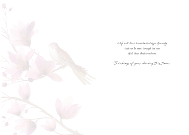 Pink Blossoms Bird Sympathy Card by Pictura featuring delicate pink flowers and a gentle bird illustration for heartfelt condolences.