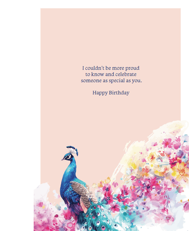 Pictura Peacock and flowers birthday card featuring colorful peacock illustration and floral design on an elegant background.