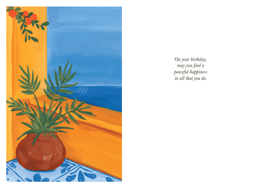 Pictura Santorini Escape birthday card featuring scenic Greek island view with bright blue sky and white buildings.