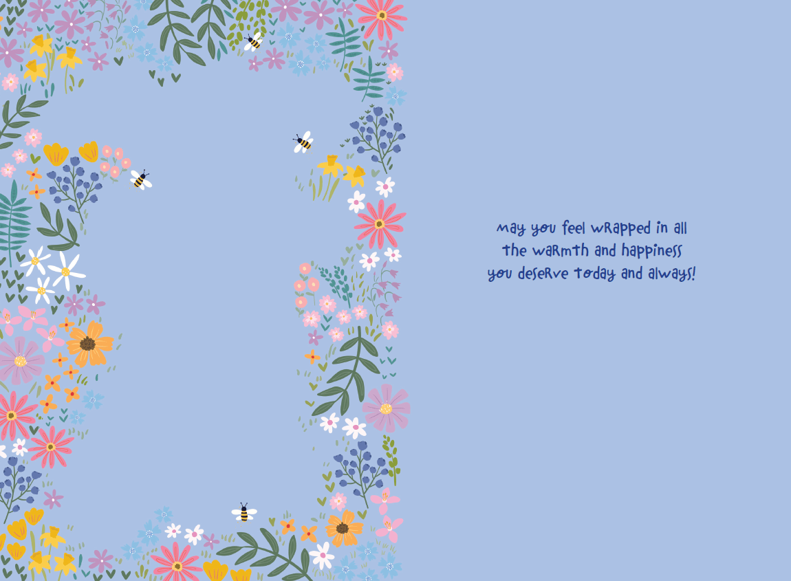 Close-up of a Big Hugs Birthday Card from Cardmore, featuring cheerful colorful illustrations on a smooth cardstock background.