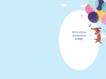 Balloon Dachshund birthday card by Cardmore featuring a colorful illustrated dachshund with balloons on a white background.
