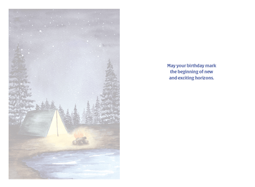Adventure Awaits camping birthday card by Cardmore featuring outdoor camping scene and adventurous design for special celebrations.