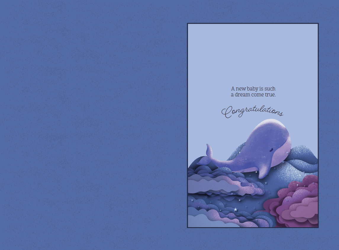 Whale in clouds baby card by Pictura featuring a cute whale floating among soft clouds, perfect for new baby greetings.