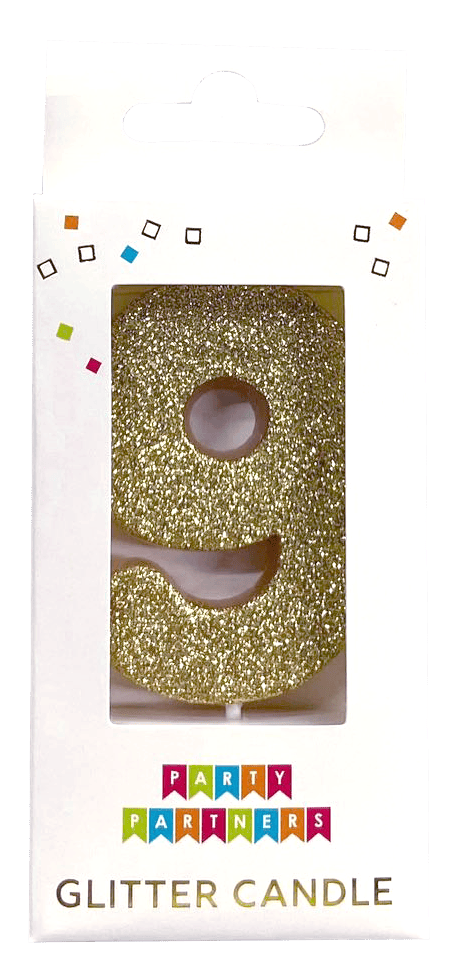 Glitter number 0 candle from Party Partners, decorative candle for celebrations, featuring a sparkling orange number 0.