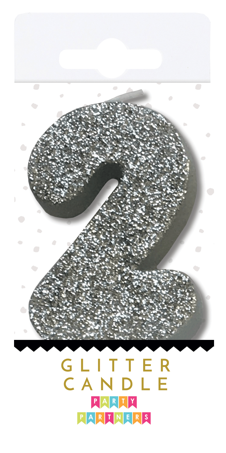 Silver Glitter Candle from Party Partners, decorative candle with shimmering glitter finish, perfect for celebrations.