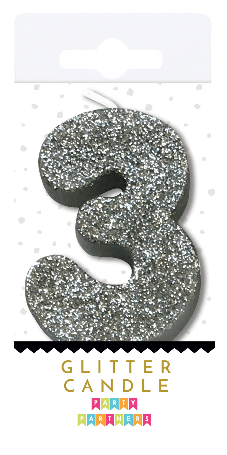 Silver glitter candle from Party Partners, decorative 3-inch candle with shimmering metallic finish for celebrations.