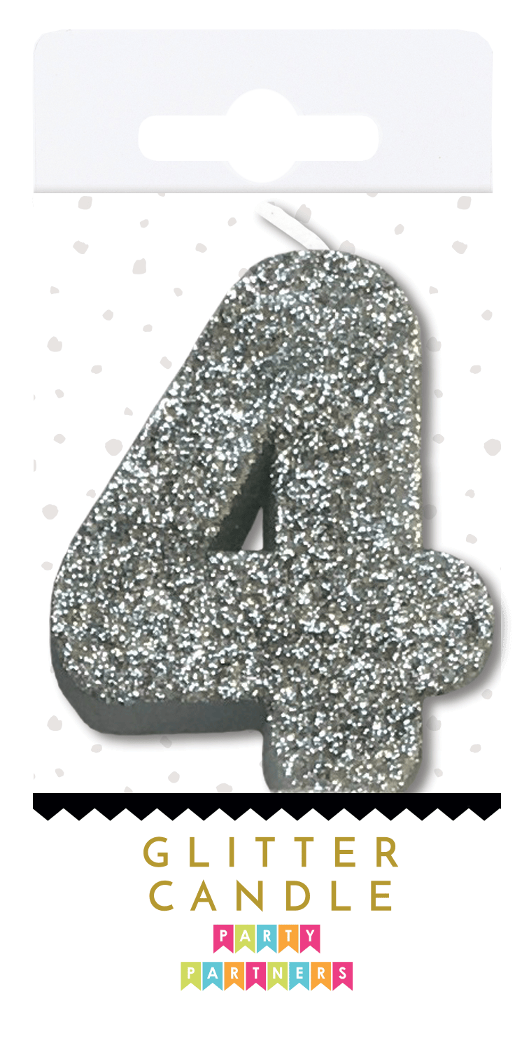 Silver Glitter Candle from Party Partners, a decorative 3-inch candle with shimmering silver glitter surface.