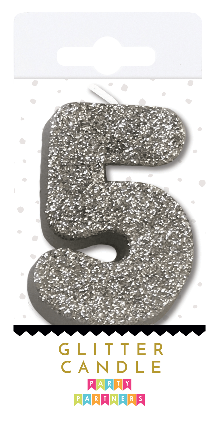 Silver Glitter Candle from Party Partners, decorative candle with shimmering silver glitter finish, perfect for celebrations.