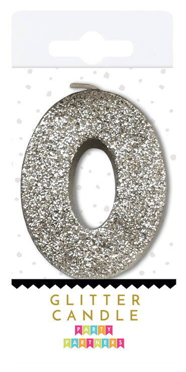 Silver glitter candle from Party Partners with a sleek, shimmering surface, perfect for festive decorations.