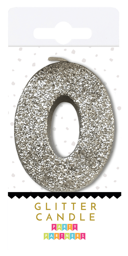 Silver glitter candle from Party Partners with a sleek, shimmering surface, perfect for festive decorations.