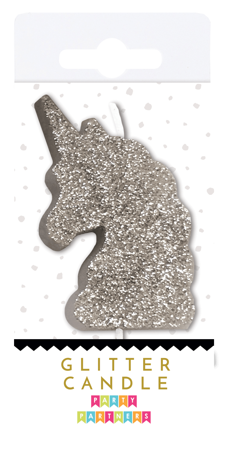Silver glitter candle with a sleek tall design, perfect for party decor by Party Partners.