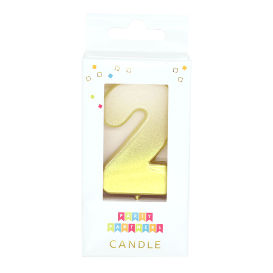 Two gold metallic ombre number candles for celebrations, branded Party Partners, with a shiny gradient finish.