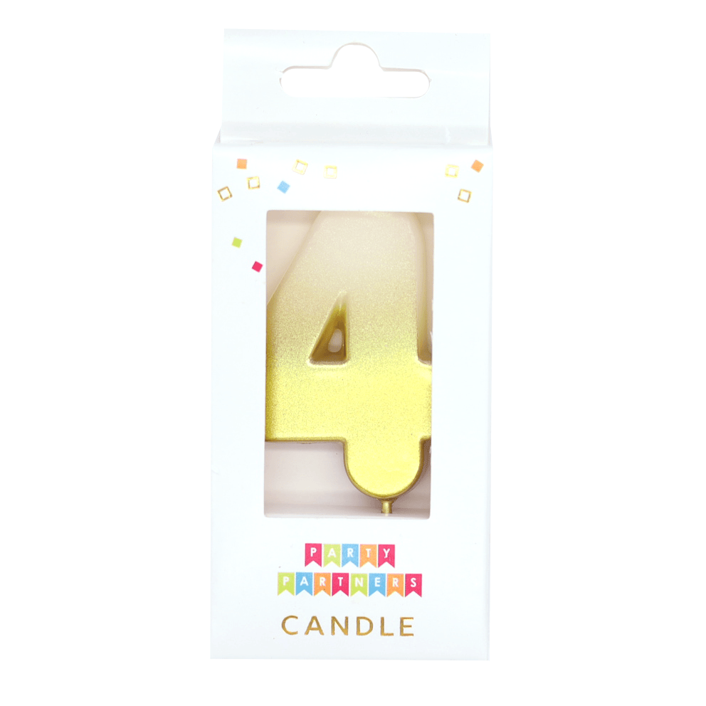 Gold ombre metallic number candle 4 from Party Partners, designed for celebrations and decorative cake toppers.