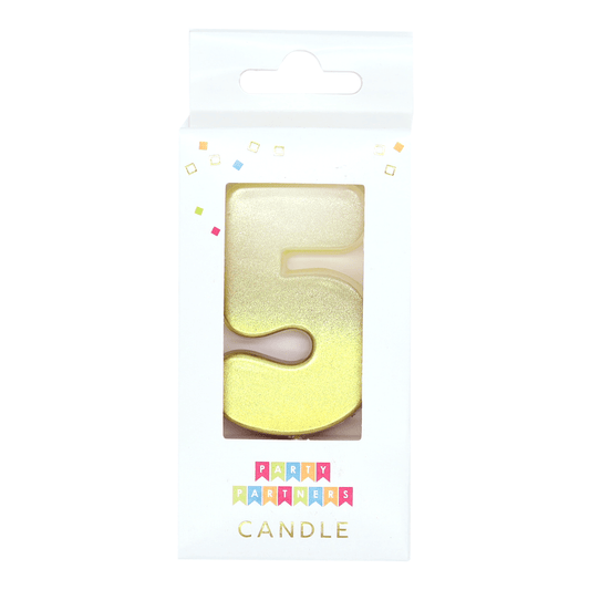 Gold ombre metallic number 5 candle by Party Partners, decorative candle for celebrations and special occasions.