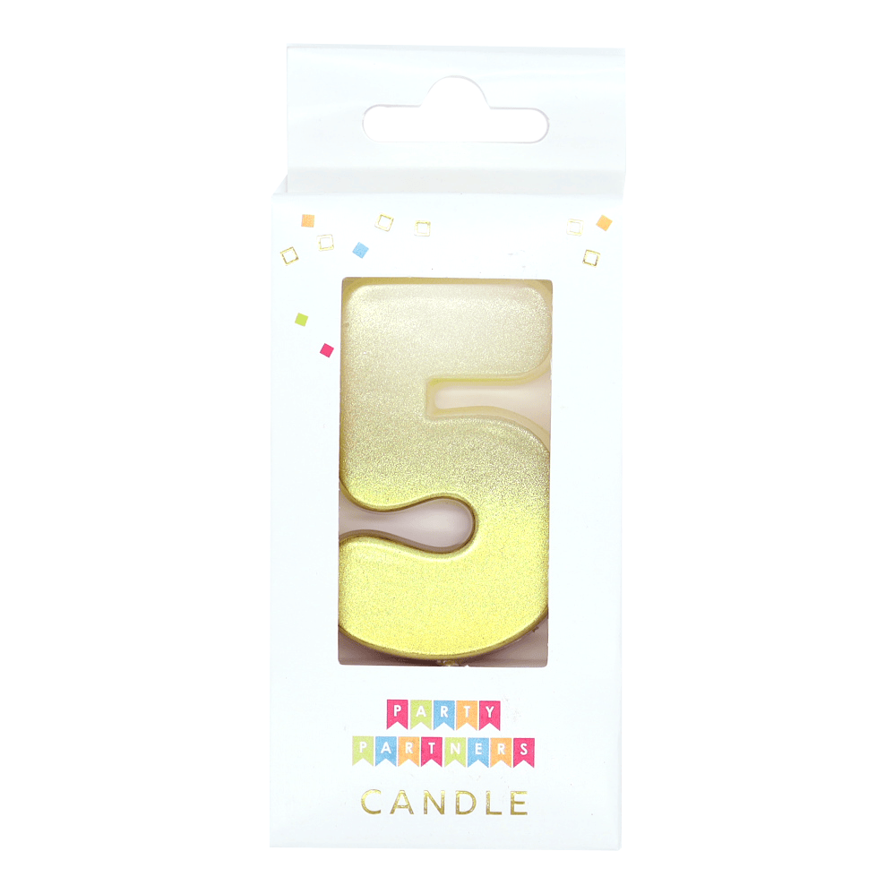 Gold ombre metallic number 5 candle by Party Partners, decorative candle for celebrations and special occasions.