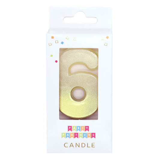 Gold ombre metallic number 6 candle from Party Partners, decorative candle for celebrations, with a shiny gold finish.