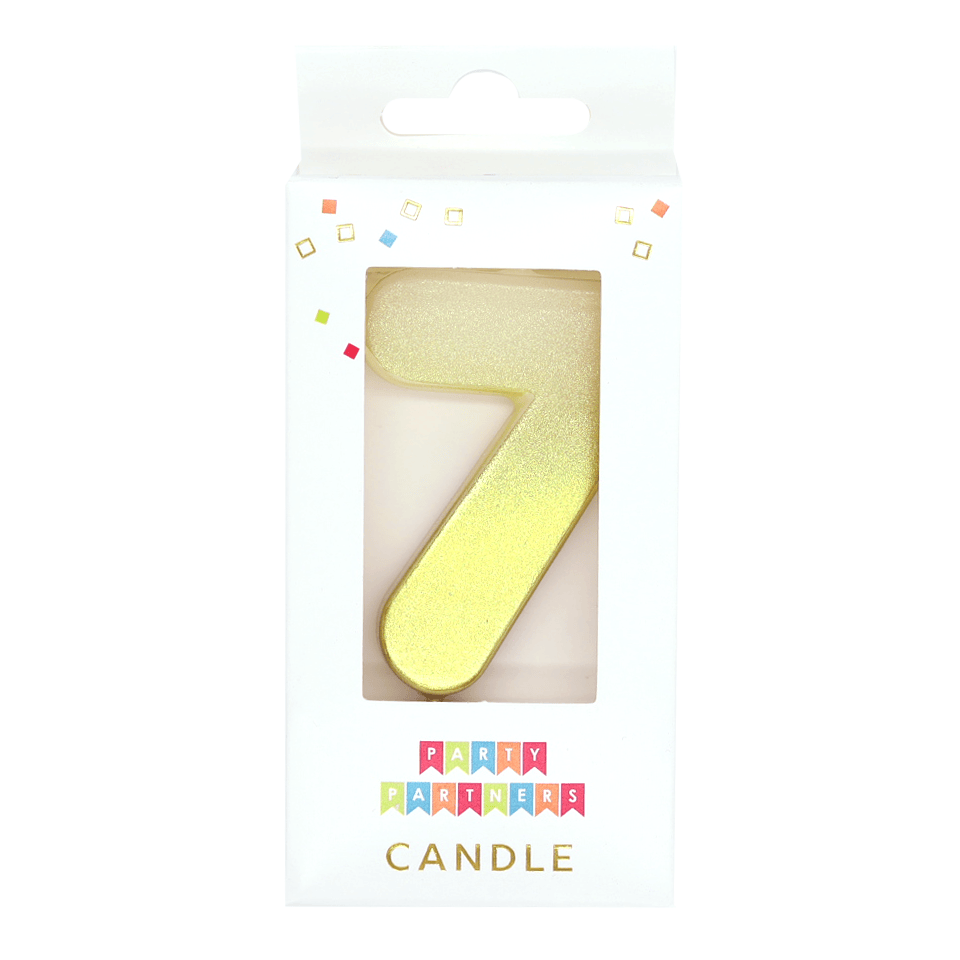 Gold ombre metallic Number 7 candle by Party Partners, decorative candle for celebrations and parties.