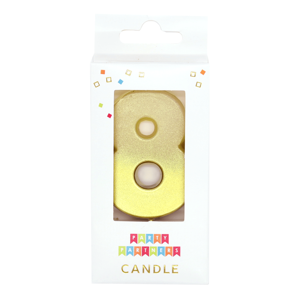 Gold ombre metallic number candle 8 from Party Partners, decorative birthday candle with shiny gold finish.