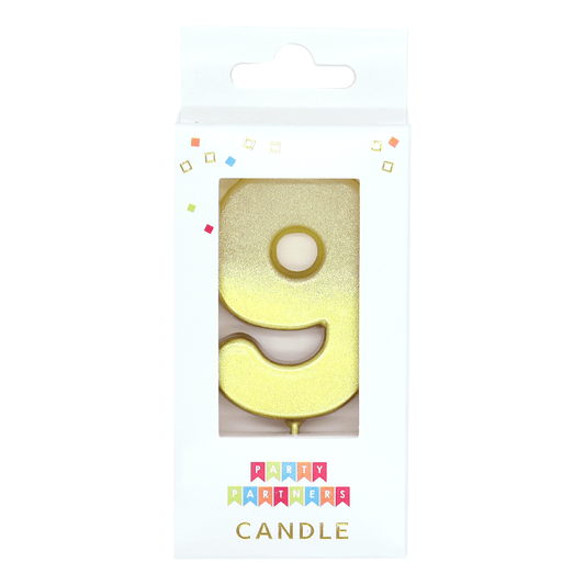 Gold ombre metallic number candle with the number 9, designed by Party Partners, ideal for birthday celebrations.
