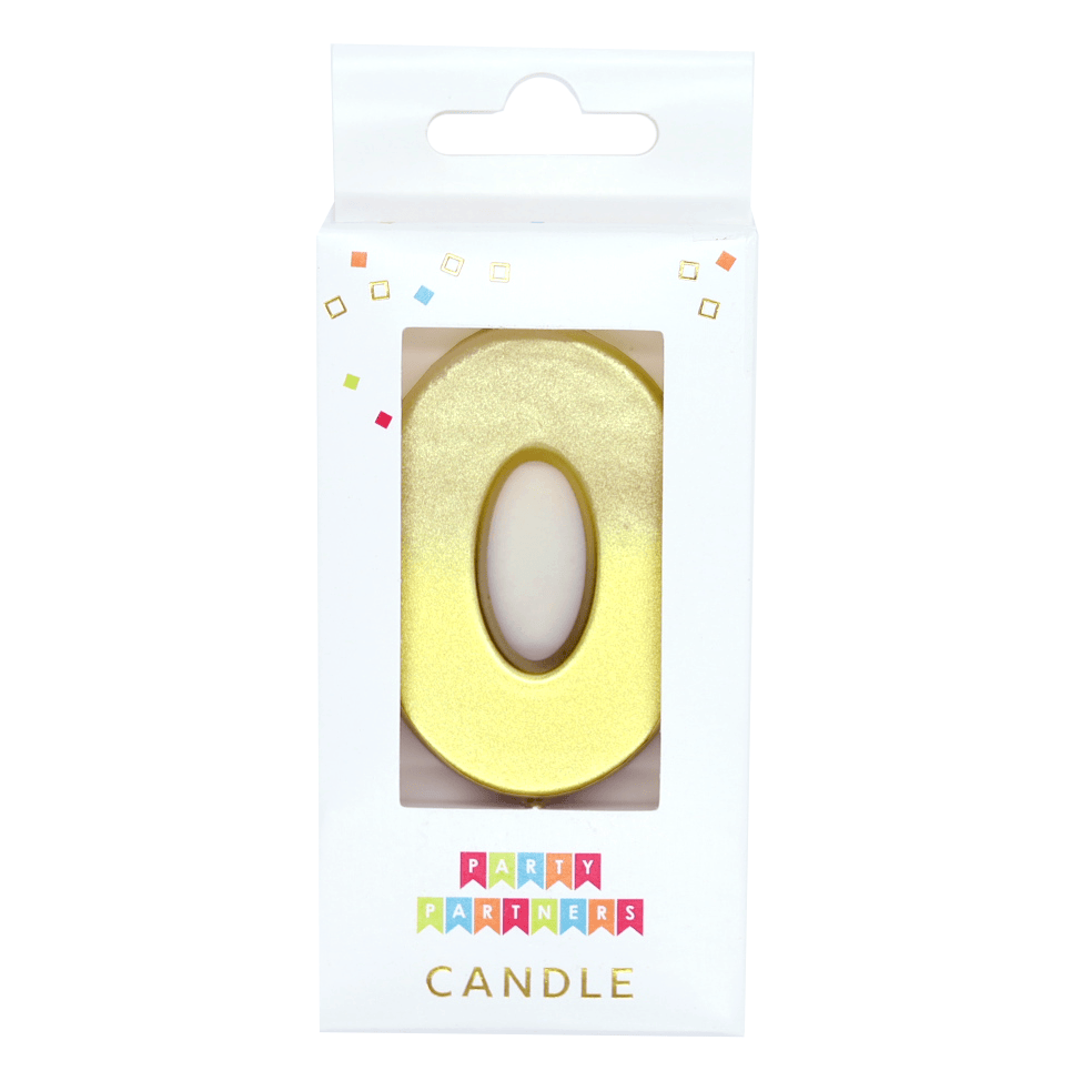 Gold ombre metallic number candle 0 by Party Partners, decorative candle for celebrations with a shiny finish.