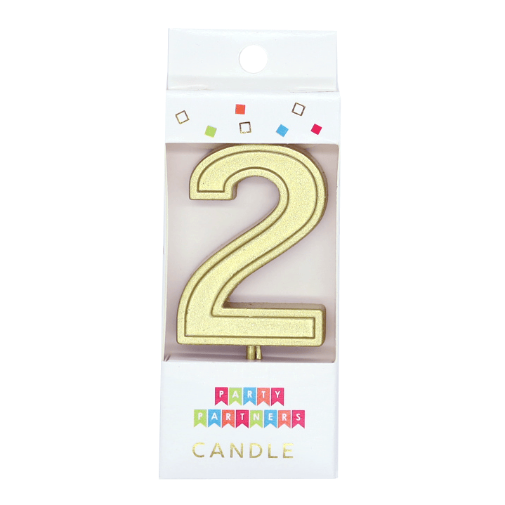 Gold number 2 decal candle by Party Partners, decorative candle with a shiny gold number 2 design, perfect for celebrations.