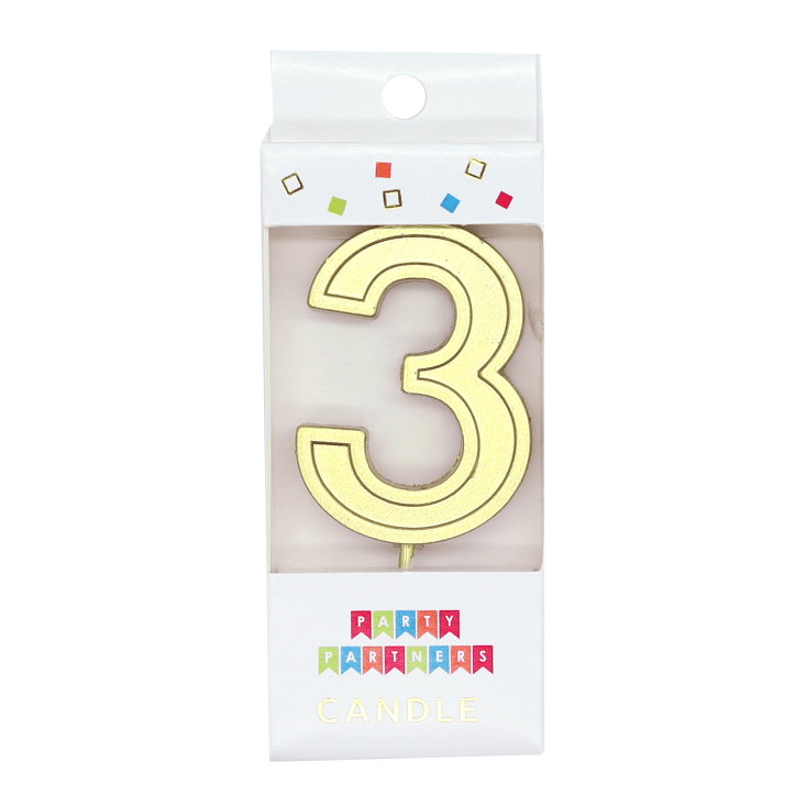 Gold number 3 candle decal from Party Partners, decorative candle with shiny gold number design for celebrations.