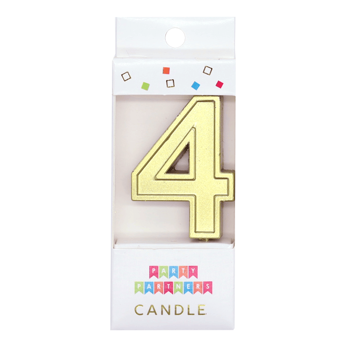 Gold number 4 decal candle from Party Partners, decorative candle for celebration with a gold numeral design.