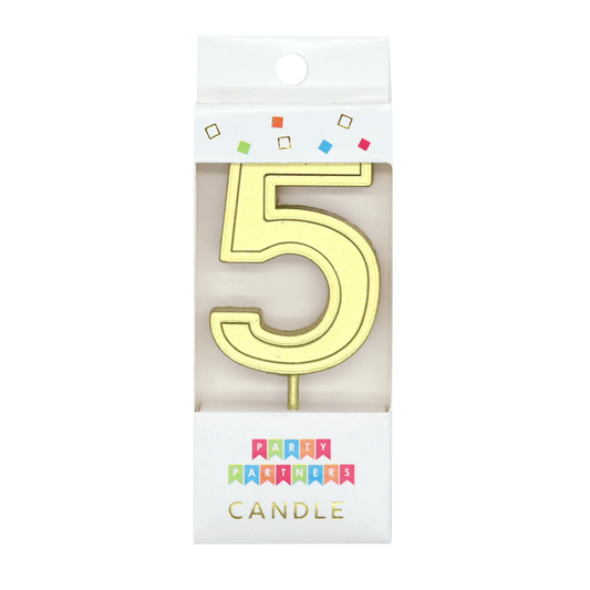 Gold number 5 candle from Party Partners, decorative candle for celebrations, with a shiny gold finish and numeral design.